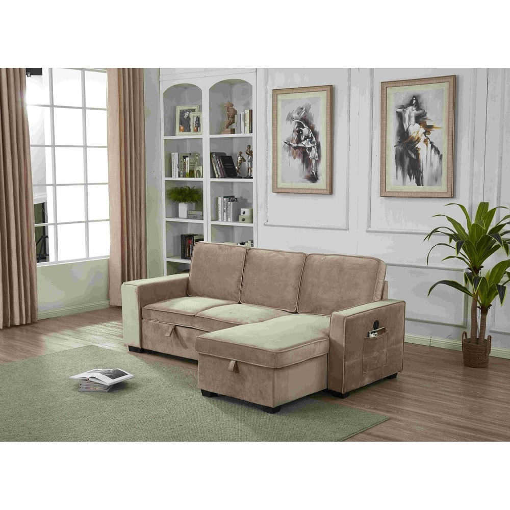 Velvet Sectional Sofa Reversible Chaise with Pull out Sleeper