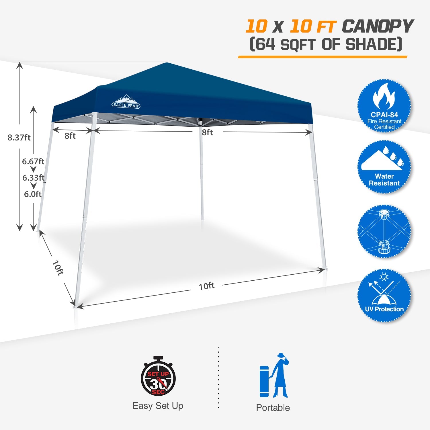 EAGLE PEAK 10' x 10' Slant Leg Pop-up Canopy Tent Easy One Person Setup Instant Outdoor Canopy Folding Shelter with 64 Square Feet of Shade (Dark Blue)