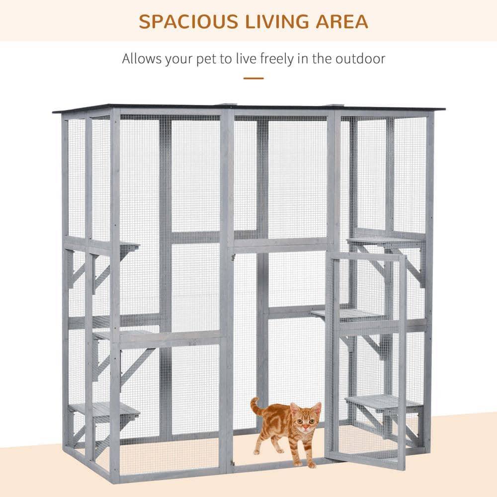 PawHut 71 in. L Large Grey Wooden Outdoor Cat House Catio Enclosure, Kitten Cage w/Weather Protection, Cat Patio w/ 6 Platforms D32-004GY