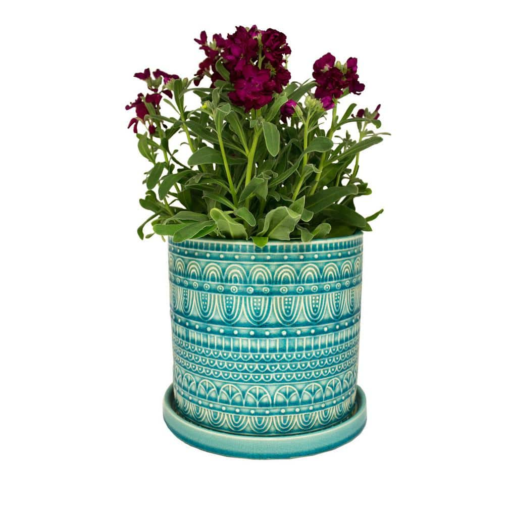 Trendspot 8 in. Dia Aqua Seven Seas Cylinder Ceramic Planter CR10851-08A