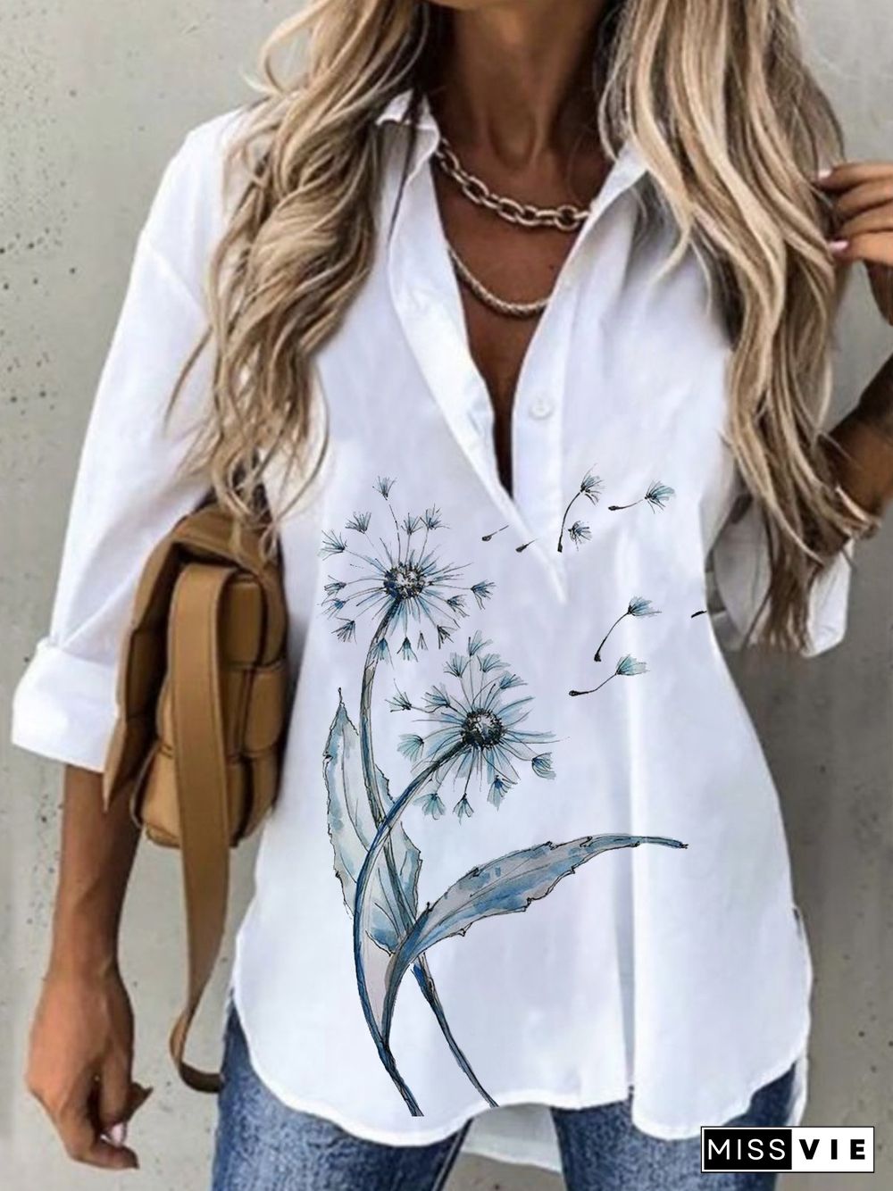 Casual Dandelion Long Sleeve Shirt Collar Plus Size Printed Tops