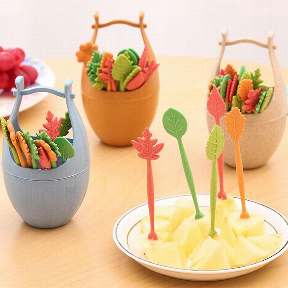 Macaron Colored Wooden Barrel Leaves Fruit Fork Wheat Stem And Fruit Orange Dessert Tube Convenient Insert Fruit Beautiful B8o3