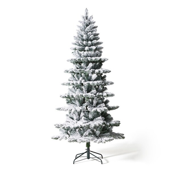 Glitzhome 7.5ft/9ft PreLit Flocked Slim Spruce Artificial Christmas Tree with Warm White Lights