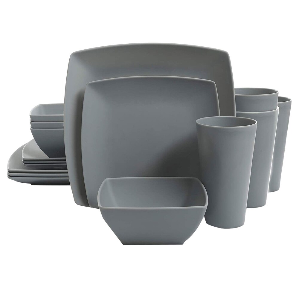 Gibson Home 16pc Square Melamine Dinnerware Plates  Bowls    Cups  Grey (4 Pack)