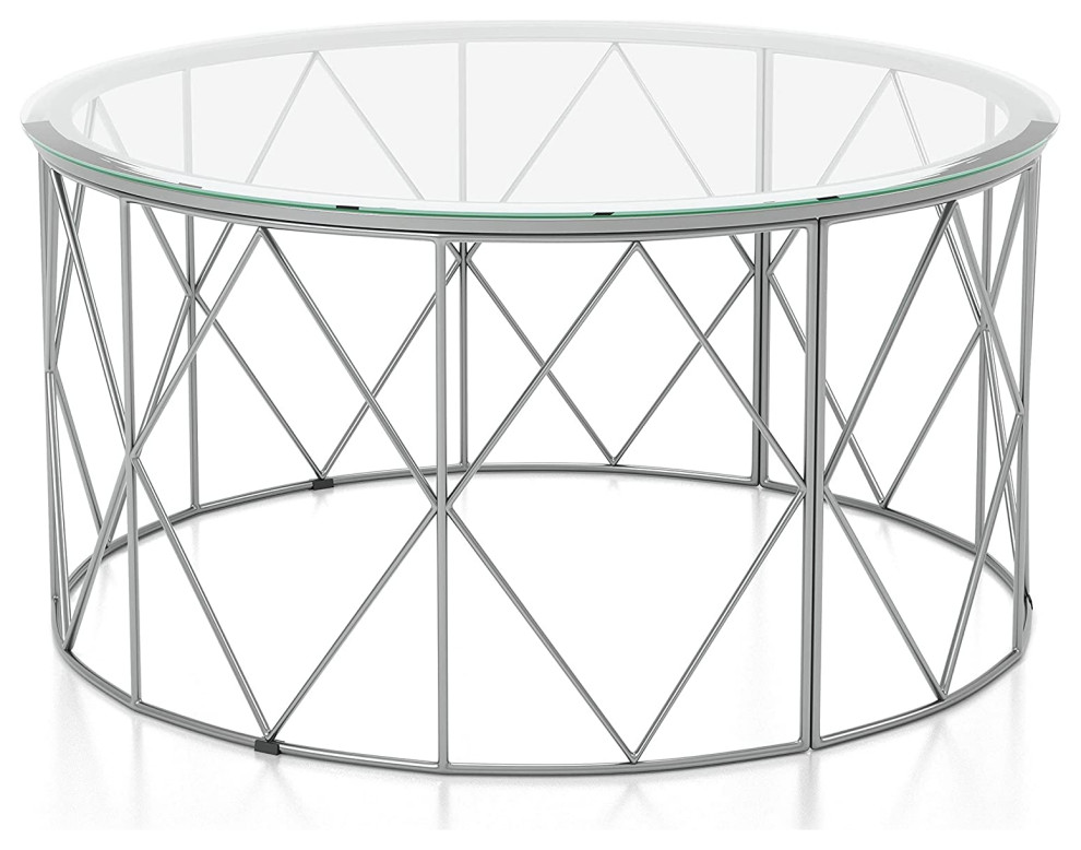 Contemporary Coffee Table  Diamond Patterned Base With Round Glass Top  Chrome   Industrial   Coffee Tables   by Declusia  Houzz