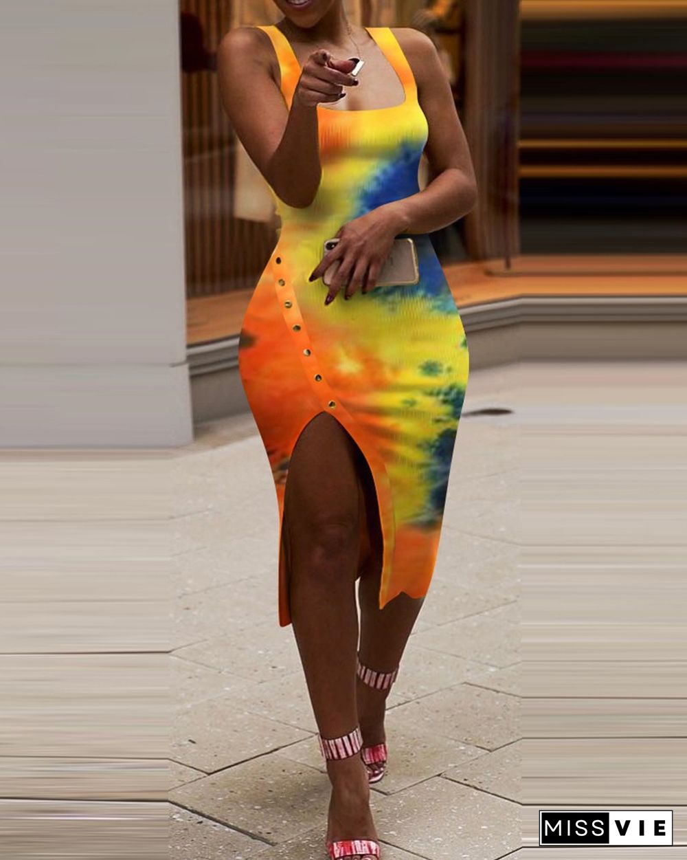 Rivet Decor Tie Dye Print Slit Thick Strap Dress