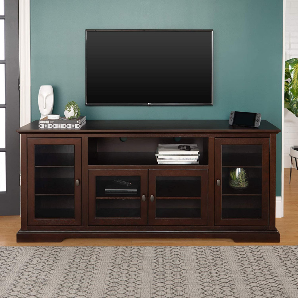 Traditional TV Stand  4 Glass Cabinet Doors  ampCenter Open Shelf  Espresso Brown   Transitional   Entertainment Centers And Tv Stands   by Decorn  Houzz