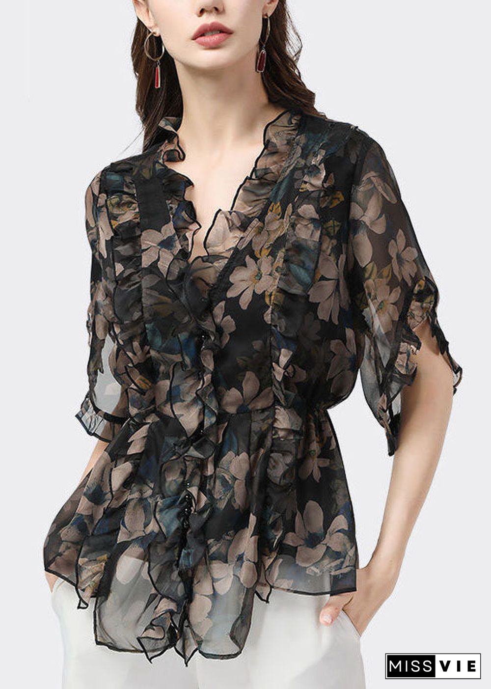 Unique Black Ruffled Patchwork Print Chiffon Blouse Top Summer