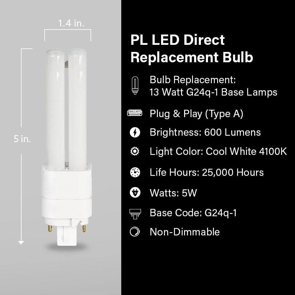 Feit Electric 13-Watt Equivalent PL Quad Tube CFLNI 4-Pin Plugin G24Q-1 Base CFL Replacement LED Light Bulb Cool White 4100K (1-Bulb) BPPLD13E841LEDG2HDRP