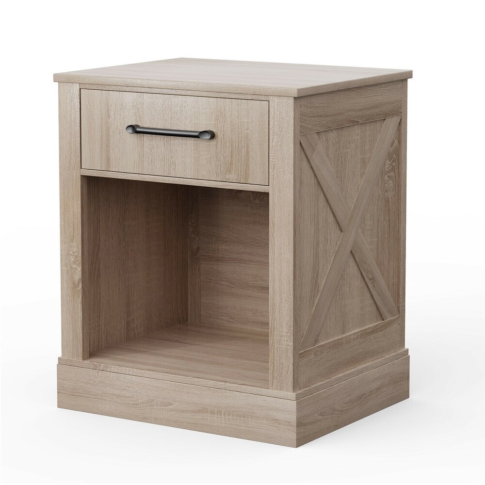 Gymax Nightstand with Drawer and Shelf Rustic Wooden Bedside Table