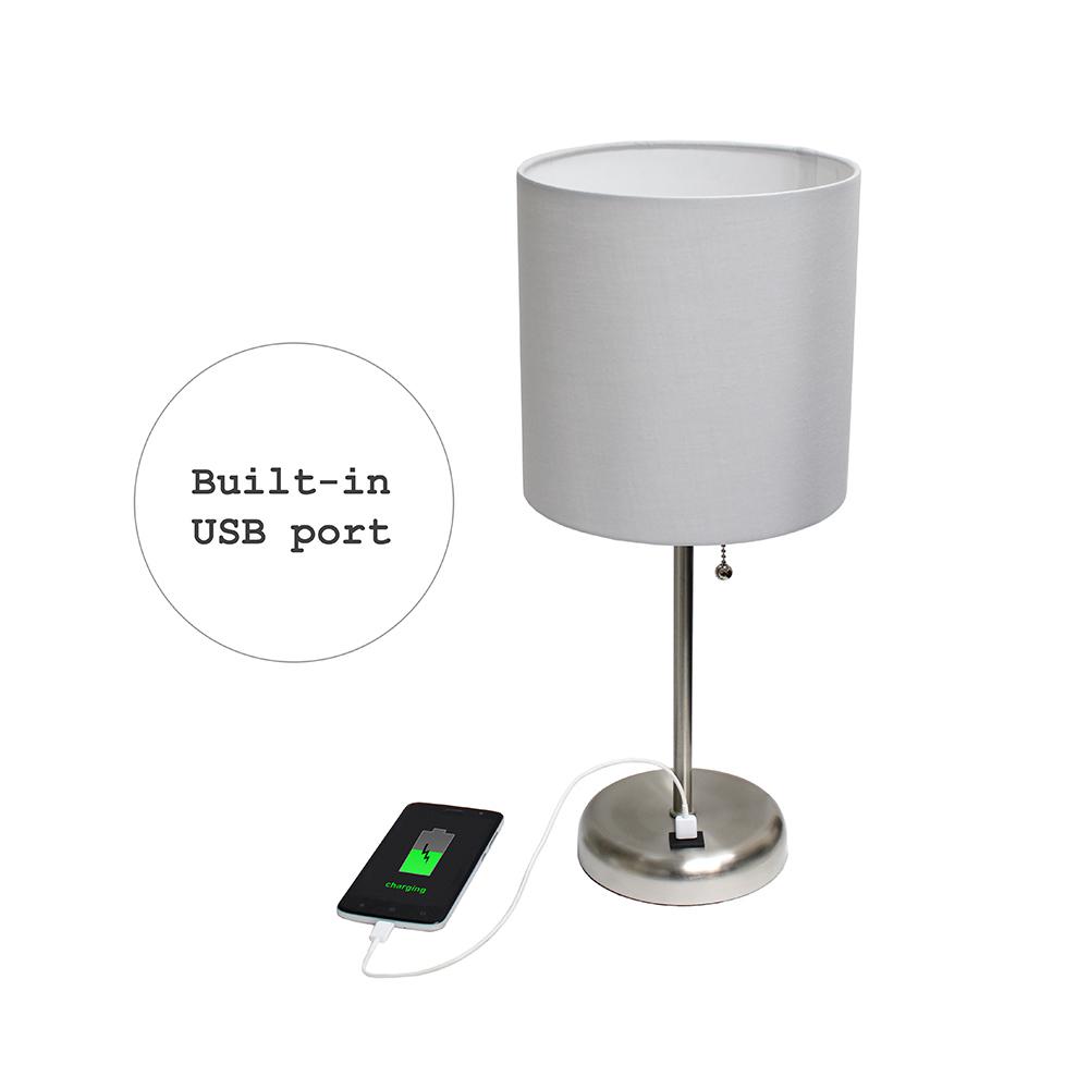 LimeLights Stick Lamp with USB charging port and Fabric Shade, Gray