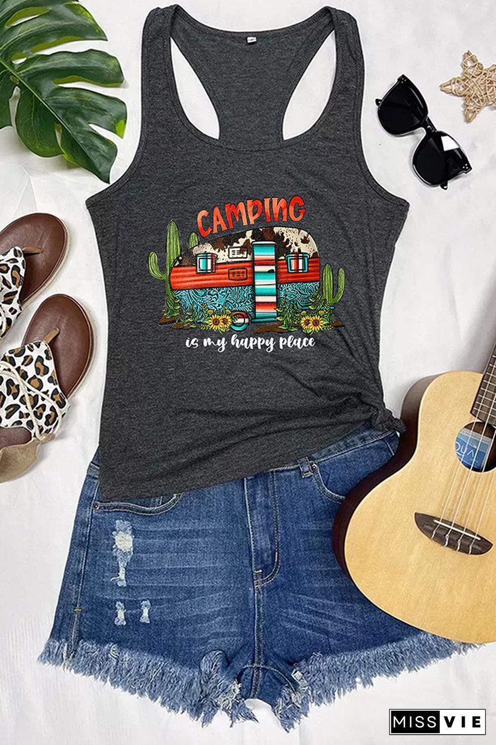 Camping is My Happy Place Printed Sleeveless Tank Top Wholesale