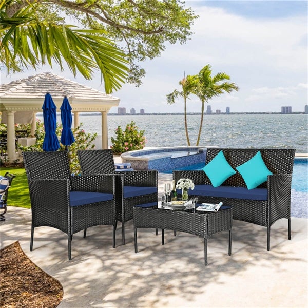 4 Pieces Patio Rattan Cushioned Sofa Set with Tempered Glass Table - Overstock - 37909376