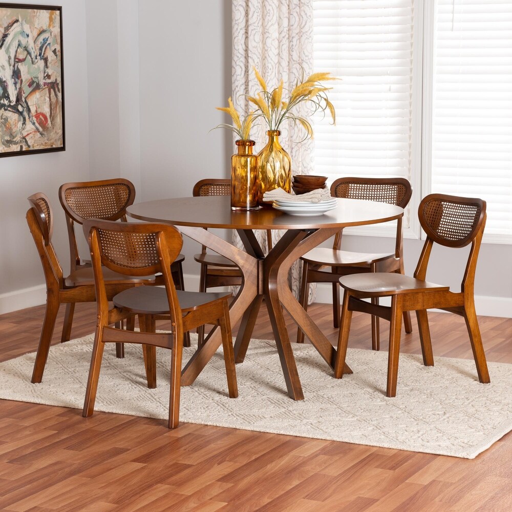 Giuliana Mid Century Modern Wood and Woven Rattan 7 Piece Dining Set