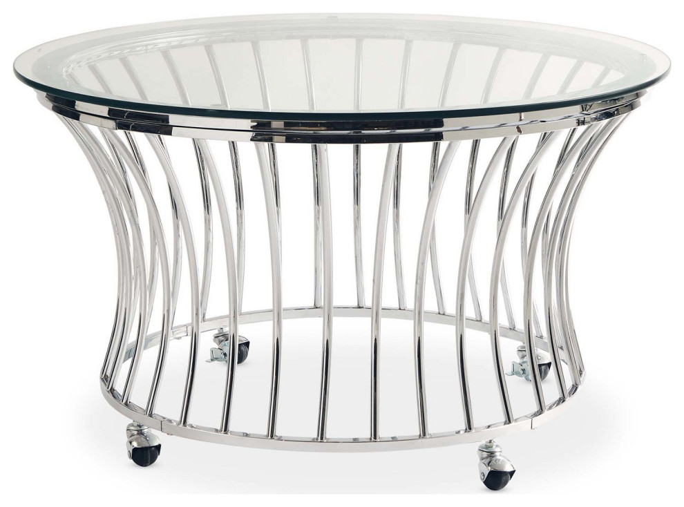 Modern Coffee Table  Curved Design With Round Tempered Glass and Casters  Chrome   Contemporary   Coffee Tables   by Declusia  Houzz