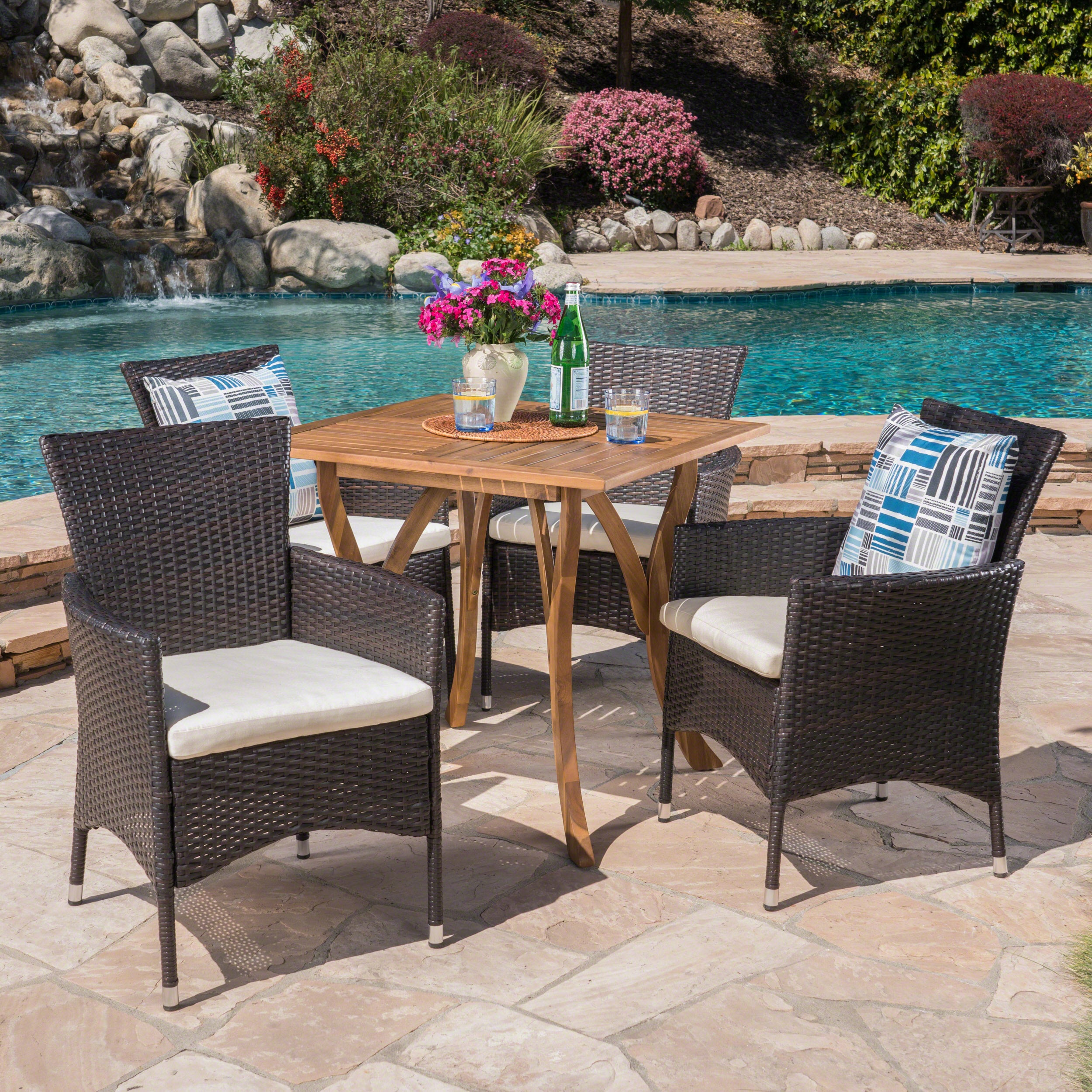 James Outdoor 5 Piece Acacia Wood/ Wicker Dining Set with Cushions, Teak Finish and Multibrown with Beige