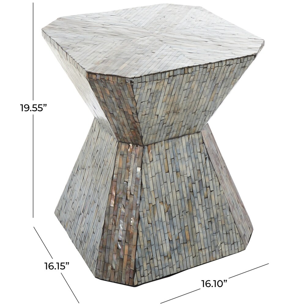 Gray Mother of Pearl Hourglass Geometric Accent Table with Linear Mosaic Pattern