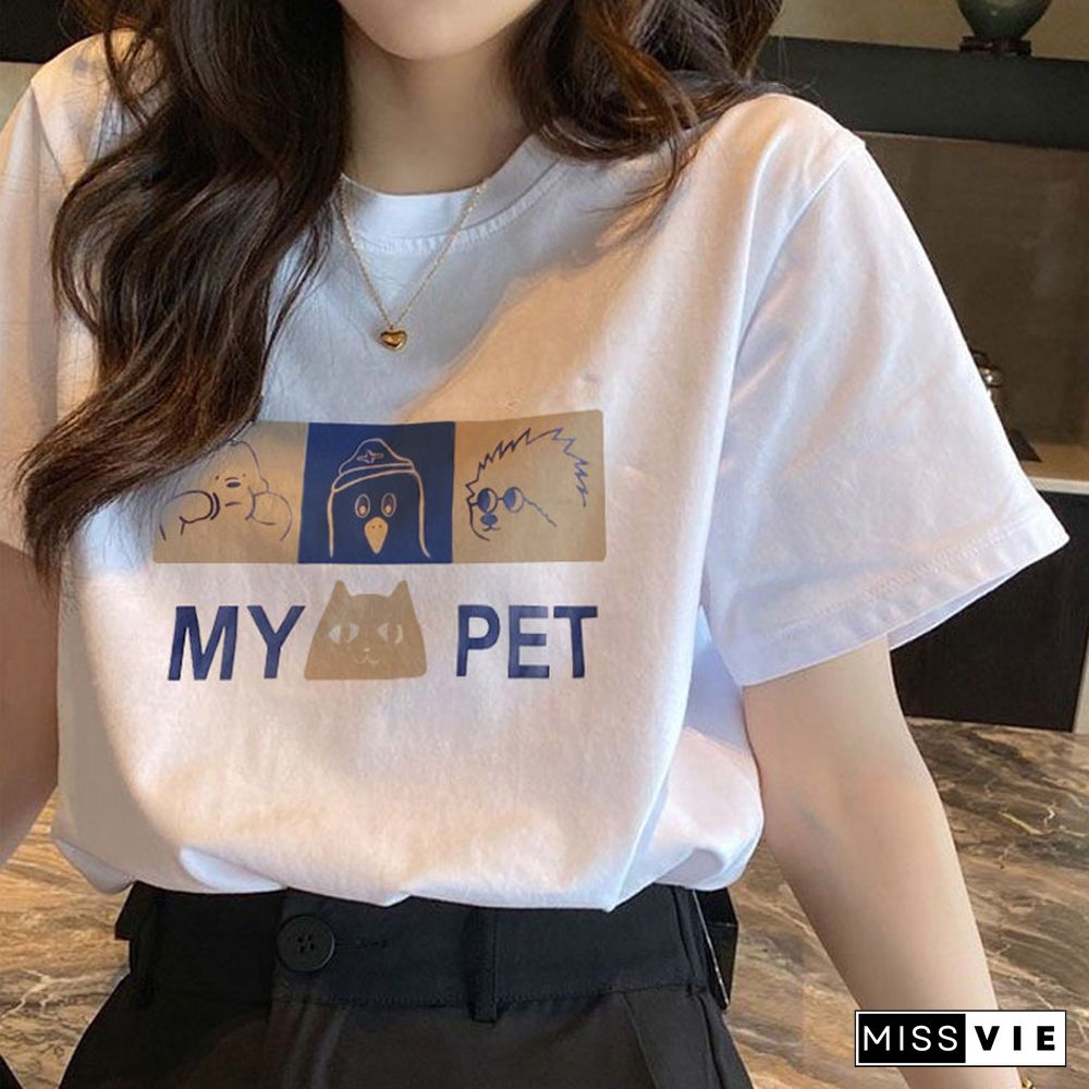 Cartoon Letter Print Round Collar Loose T-Shirt