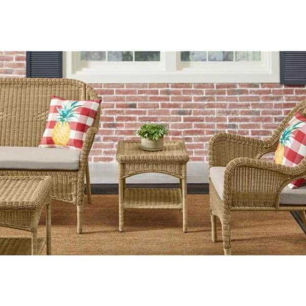 Hampton Bay Rosemont Light Brown Steel Wicker Stackable Outdoor Patio Loveseat with Putty Tan Cushion 65-913BR44