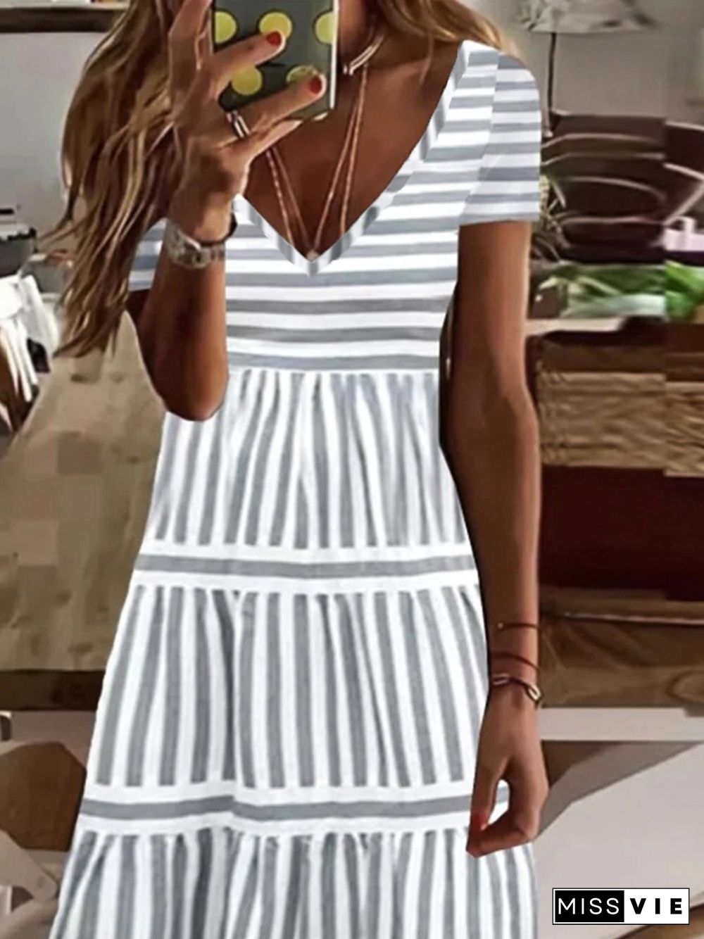 V Neck Striped Casual Short Sleeve A-Line Dresses