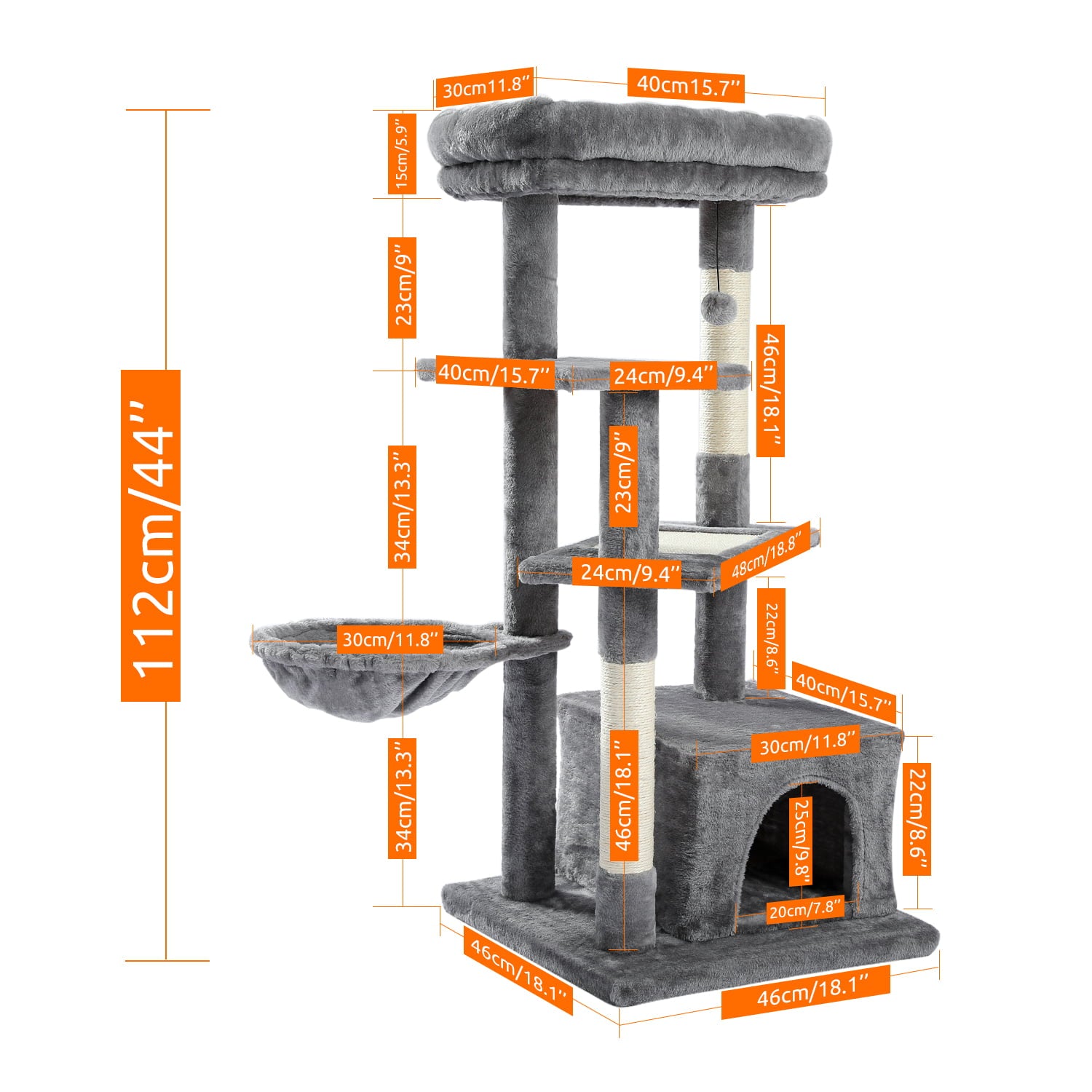 Cat Tree for Indoor Cats， 42 Inches Multi-Level Cat Tower with Sisal Covered Scratching Posts， Spacious Condo， Cozy Hammock and Plush Top Perch