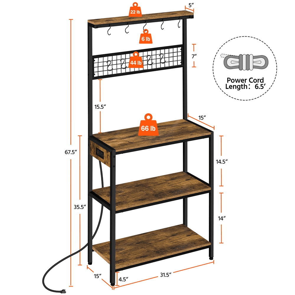 Topeakmart 4-tire Baker’s Rack with Power Outlet with 10 Hooks and Adjustable Feet for Kitchen， Rustic Brown