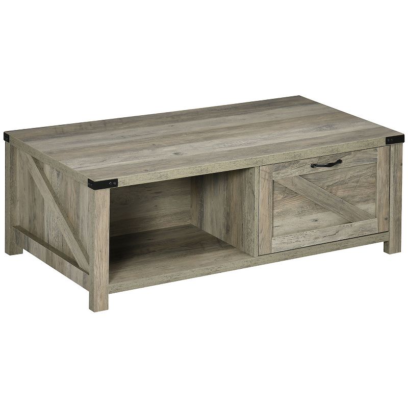 HOMCOM Farmhouse Coffee Table with Storage and Drawer， Rustic Coffee Table for Living Room， Open Shelf， Grey Oak