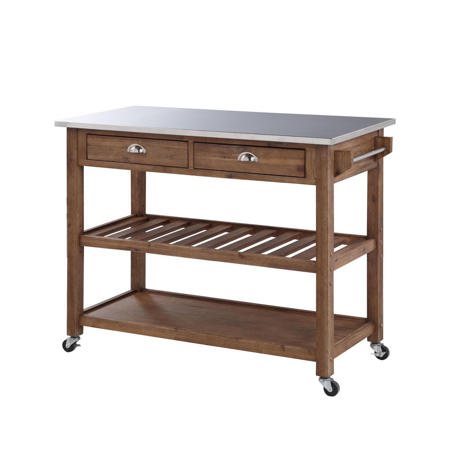 Boraam Sonoma Wood Kitchen Cart with Stainless Steel Top - Barnwood Wire-Brush Finish