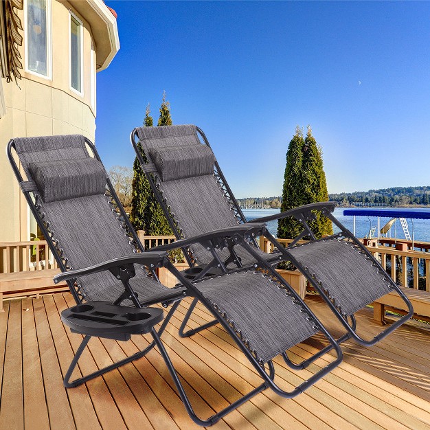 Costway 2pc Folding Zero Gravity Reclining Lounge Chairs Beach Patio W utility Tray