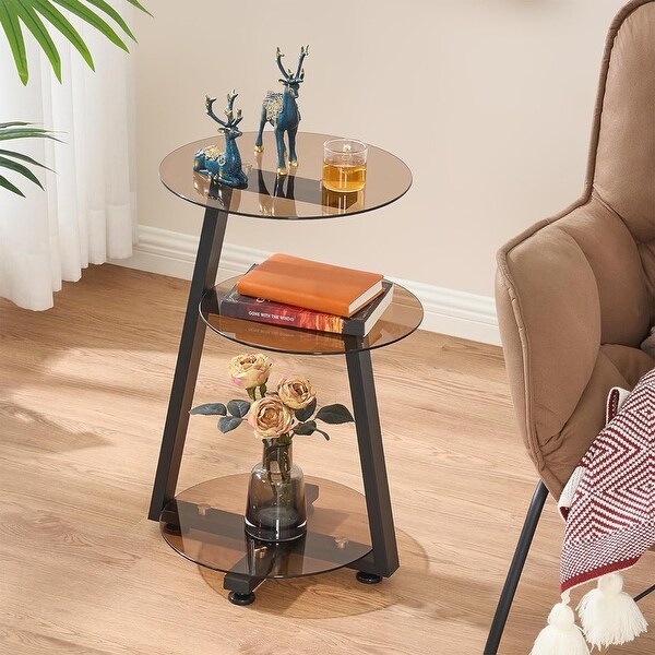 Round End Table Tempered Glass Side Table with Metal Frame，Tawny