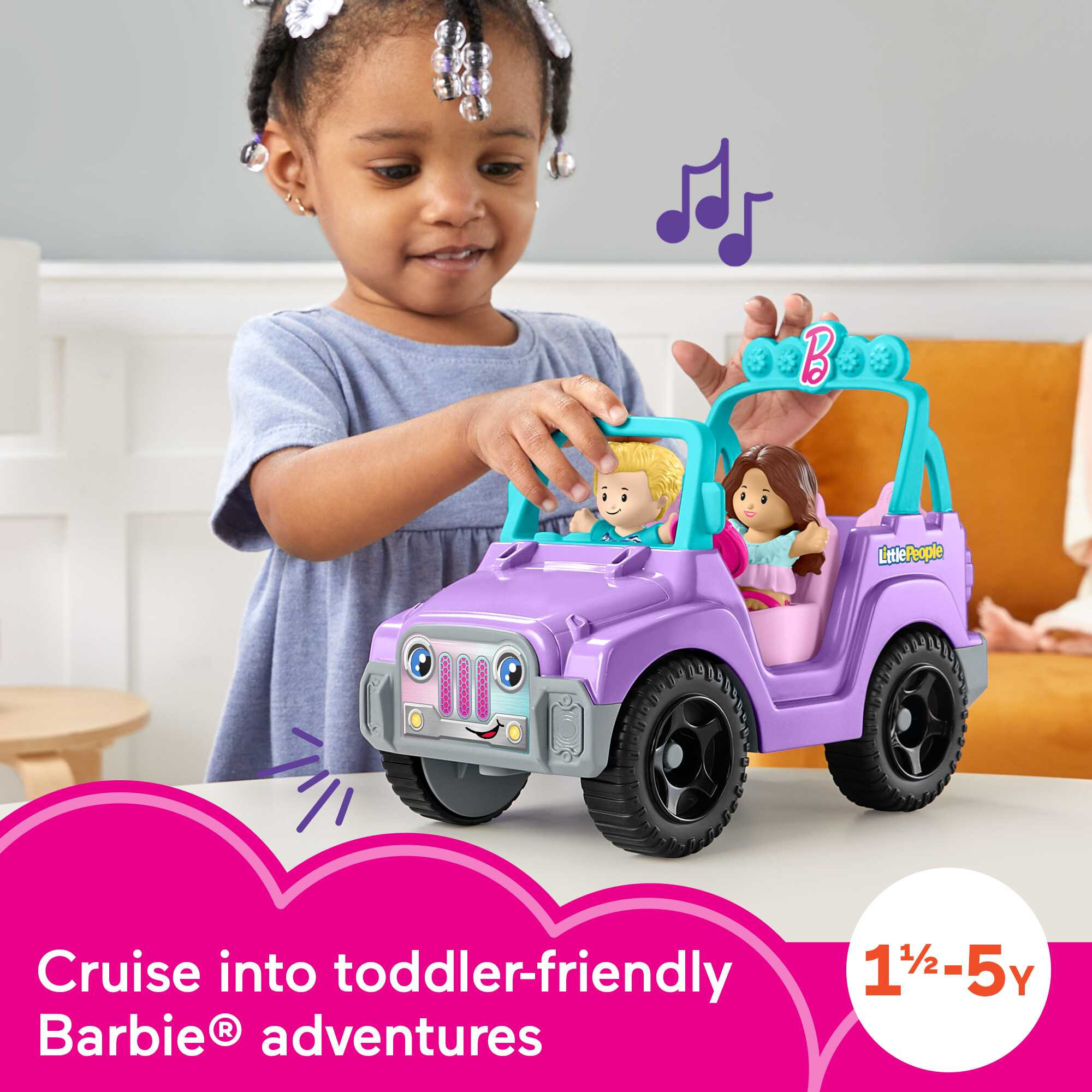 Fisher-Price Little People Barbie Toy Car with Music Sounds and 2 Figures， Beach Cruiser， Toddler Toys