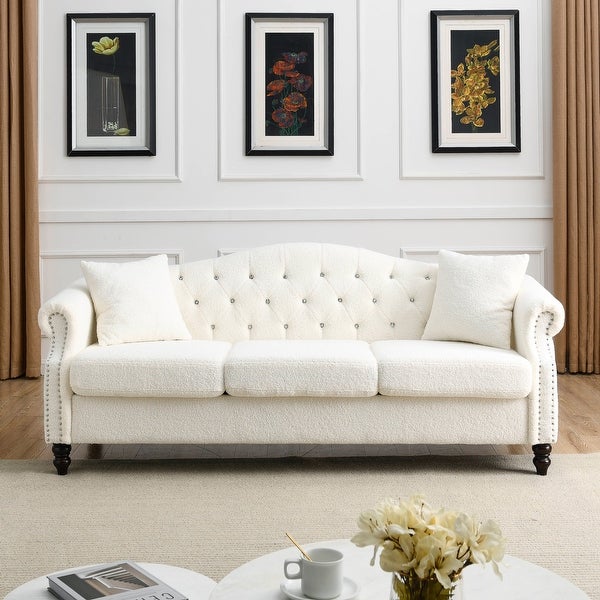 3+1 Combination of Chesterfield 3 Seater Sofa and Chair Modern White Teddy Upholstered Padded Seat with Two Pillows and Nailhead