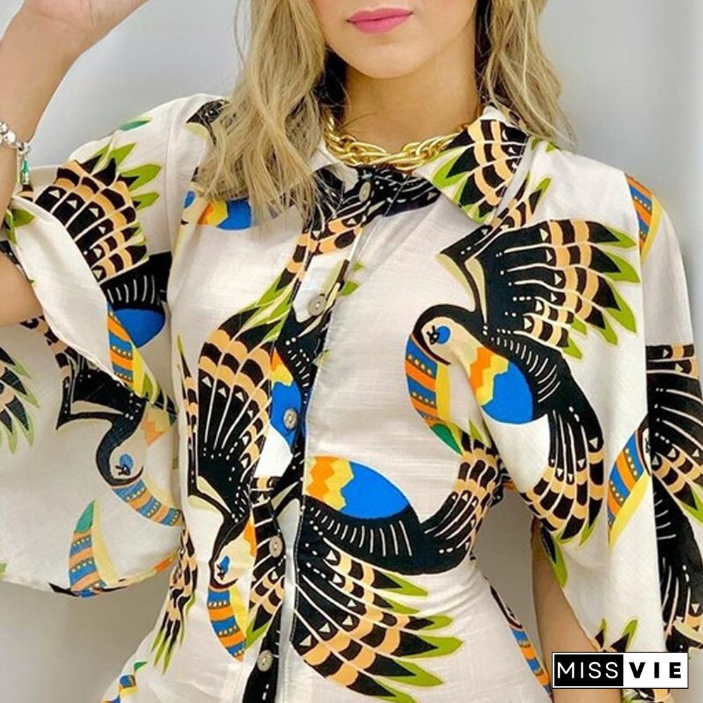 Women Casual Shirt Collar Animal Graphic Flared Sleeves Sweet Rompers