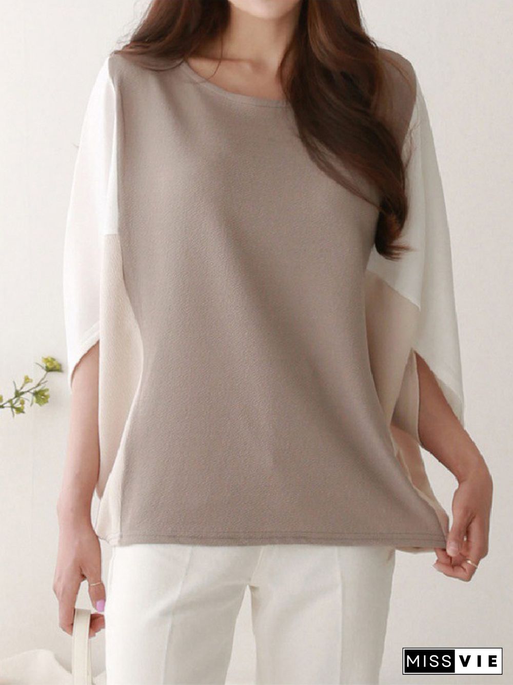 Batwing Sleeves Loose Contrast Color Split-Joint Round-Neck T-Shirts Tops