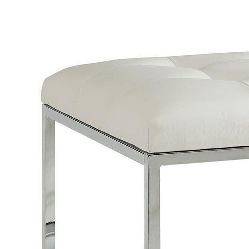 Leatherette Metal Frame Ottoman with Tufted Seating， White and Silver