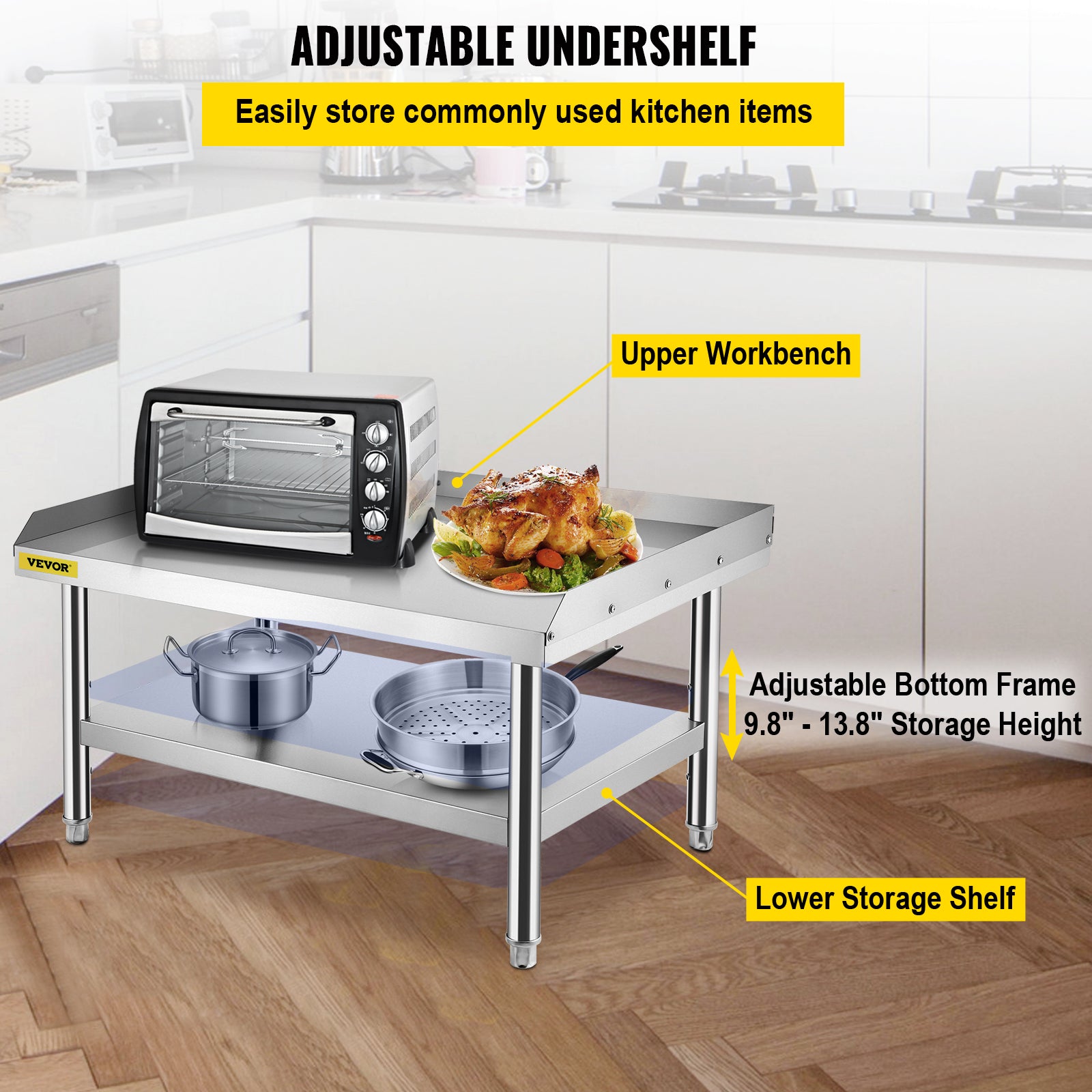 VEVORbrand Stainless Steel Table， 48 x 28 inch， Heavy Duty Workbench with Adjustable Storage Under Shelf and Table Feet， Commercial Equipment Stand for Hotel， Restaurant and Home Kitchen