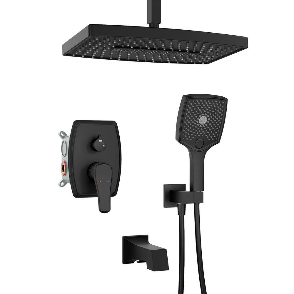 GIVING TREE Single-Handle 5-Spray Ceiling Mount Rectangle Tub and Shower Faucet with Hand Shower in Matte Black(Valve Included) HDFFBT707XC-MB