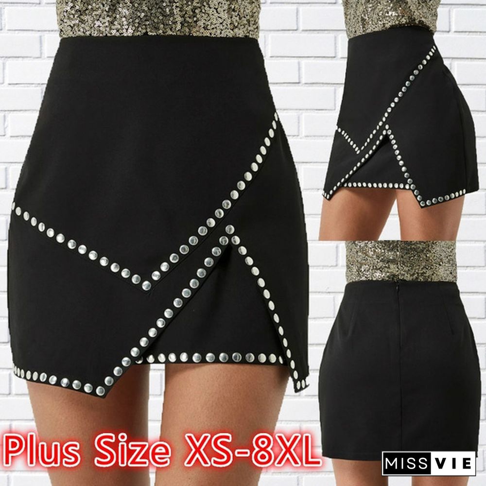 Women Black Skirts Buttons Summer Fashion Elastic Waist Flared Pleated Skirt Dress Plus Size Xs-8Xl