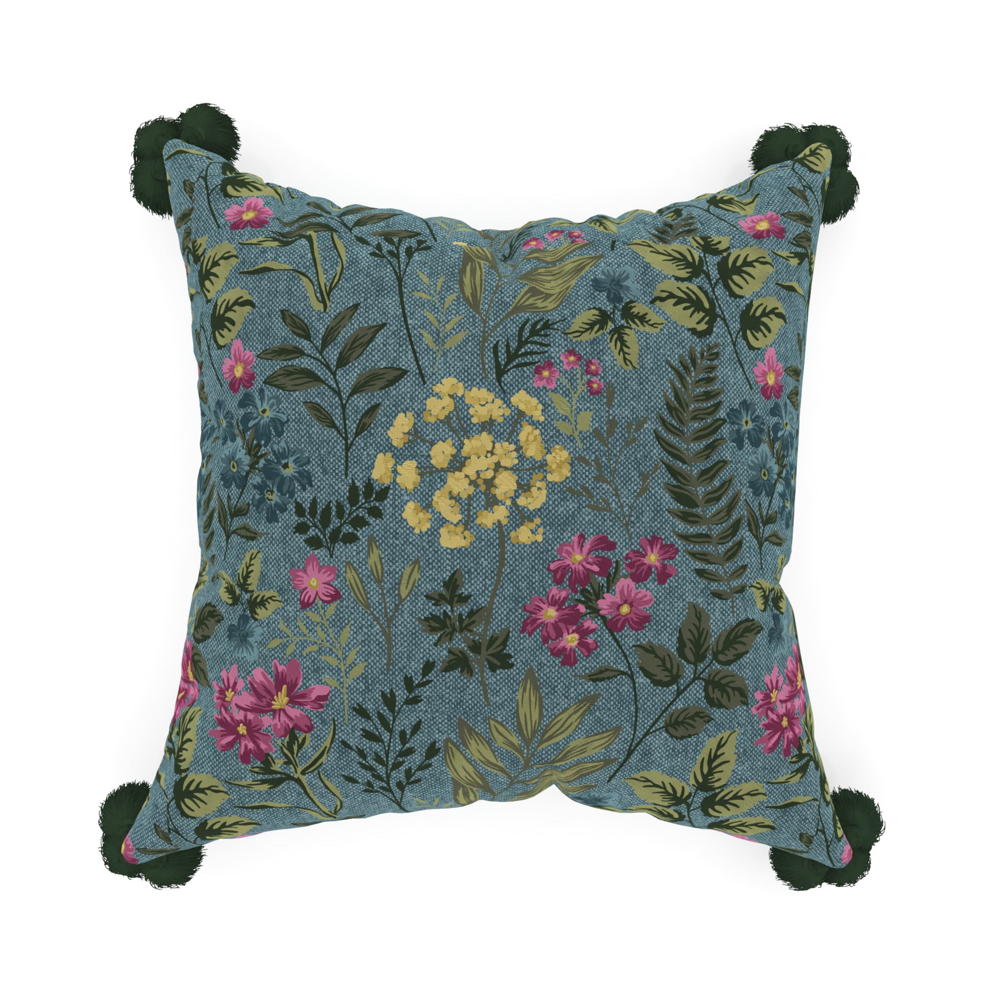 Decorative Throw Pillow Cover, 18” x 18”, Blue, Printed Floral Botanical Pattern on Textured Faux Linen with Corner Tassels Creating a Natural Sense of Style for any Living Room, Bed, and Sofa