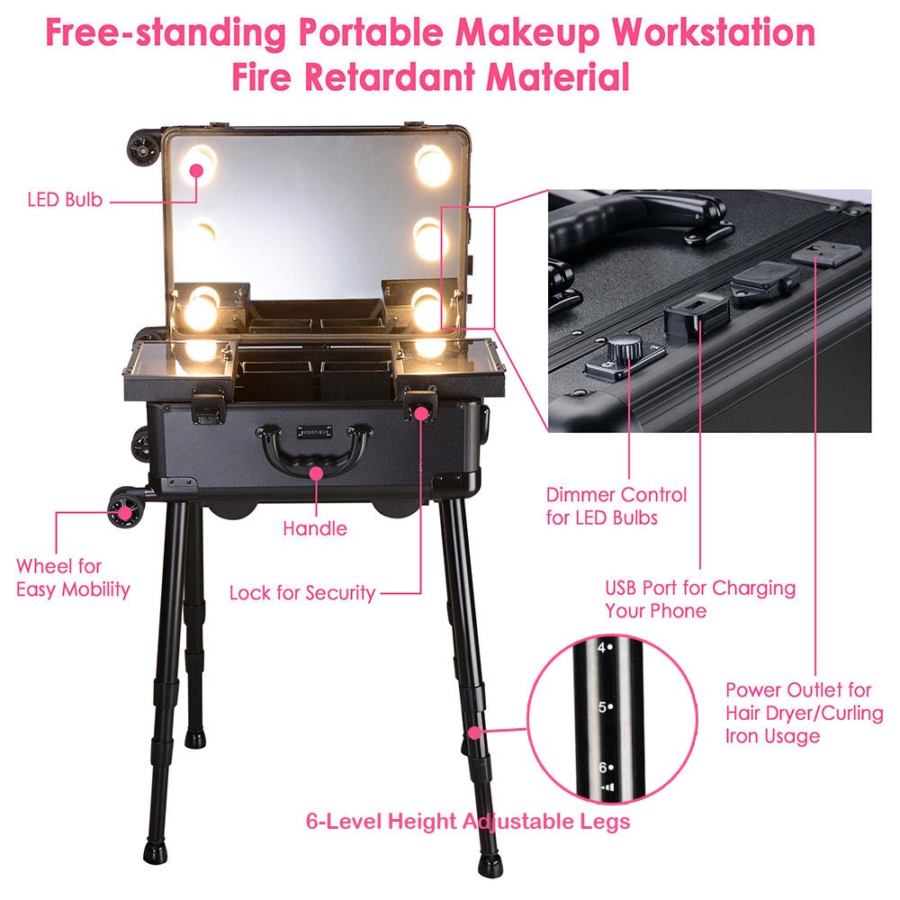 Byootique Rolling Studio Makeup Case with Lighted Mirror & Legs, M