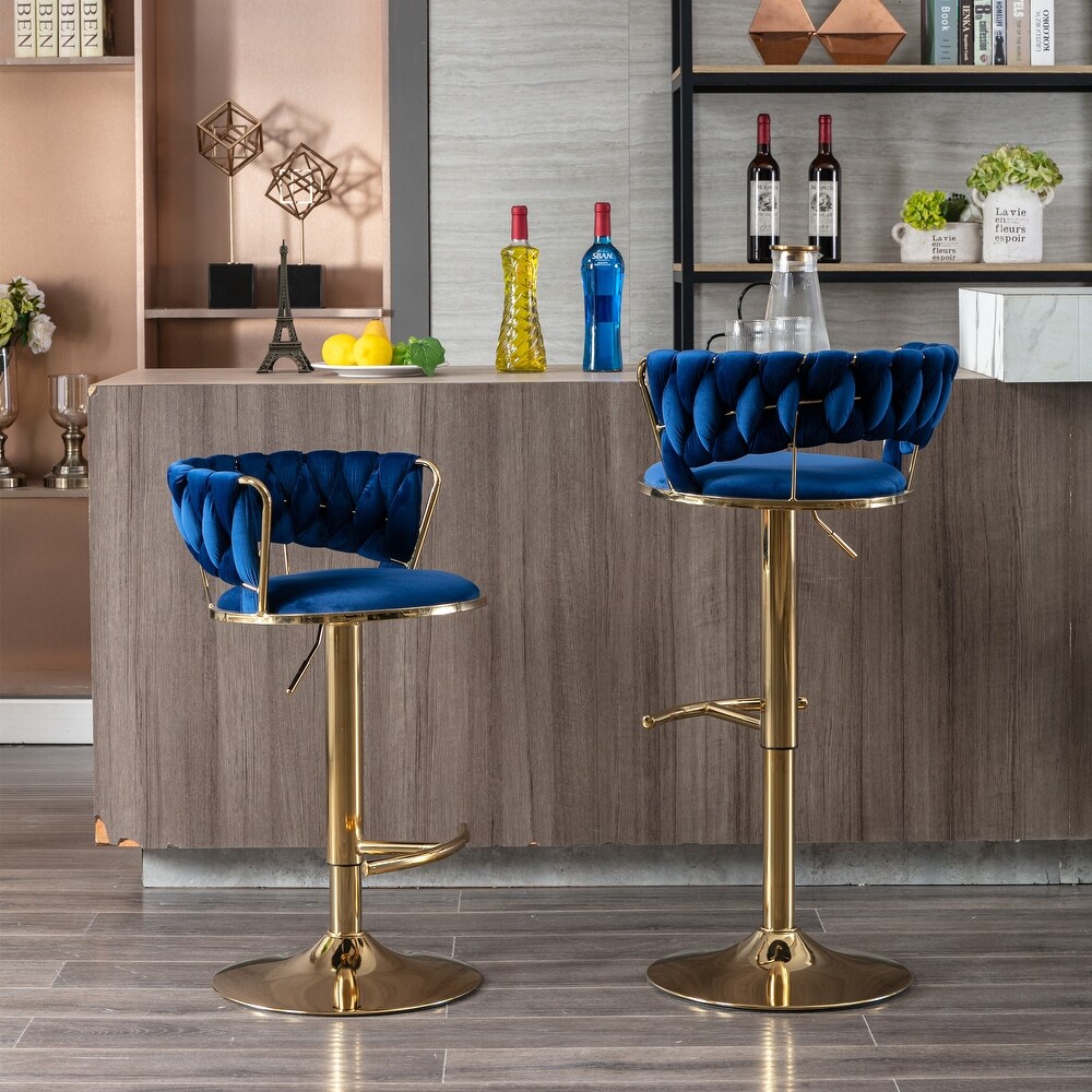 Modern Retro Height Adjustable Counter Chair Swivel Bar Stools Set of 2 with Velvet Woven Backrest Handrail and Footrest