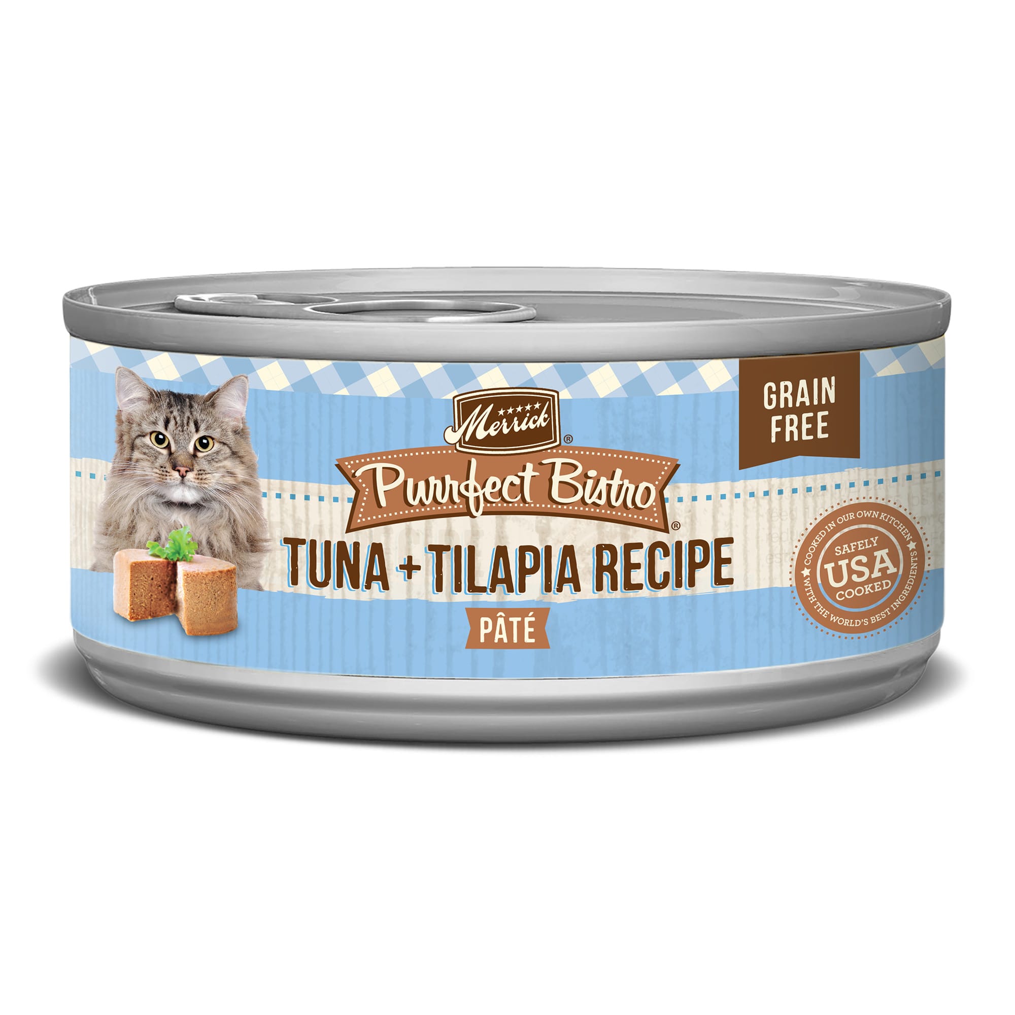 Merrick Purrfect Bistro Grain Free Tuna  Tilapia Recipe Pate Wet Cat Food， 5.5 oz.， Case of 24