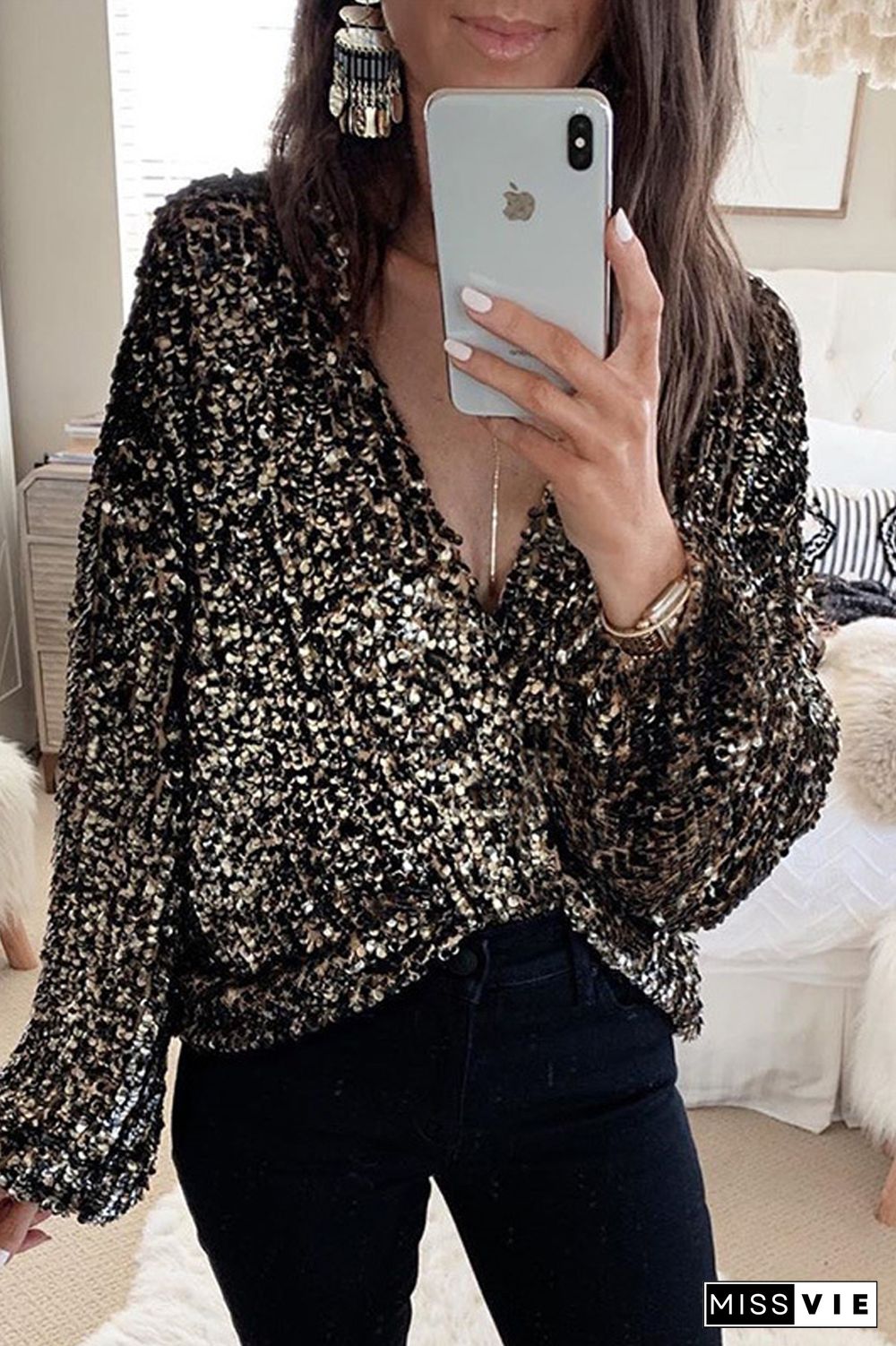 Sequin Stitching Wrap Blouse