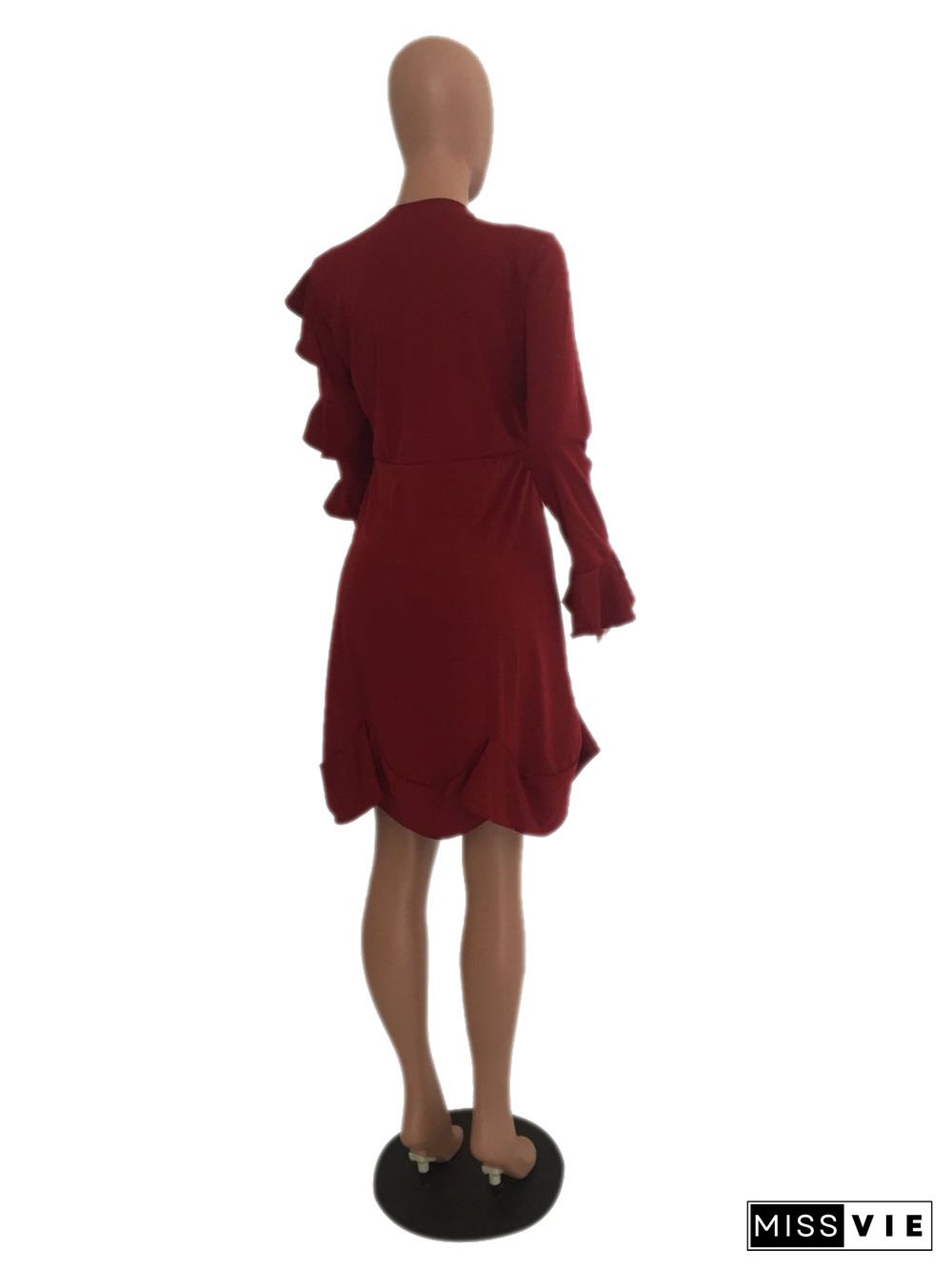 Ruffle Long Sleeve O Neck Slim Wrap Party Dress