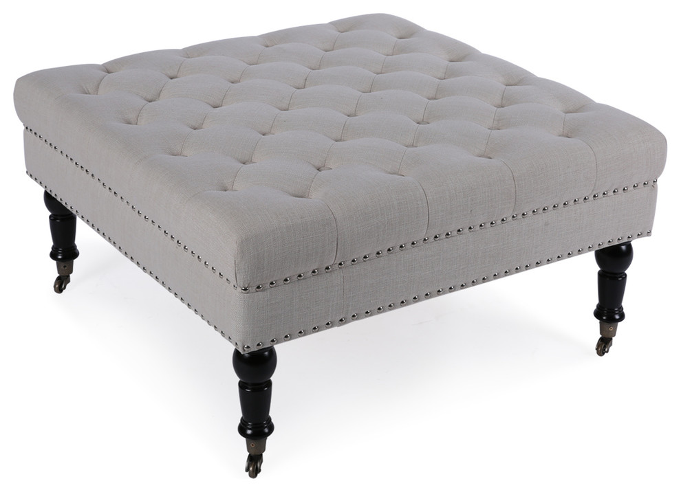 Button Tufted Square Ottoman Bench With Rolling Wheels Nailhead Trim   Traditional   Footstools And Ottomans   by OneBigOutlet  Houzz