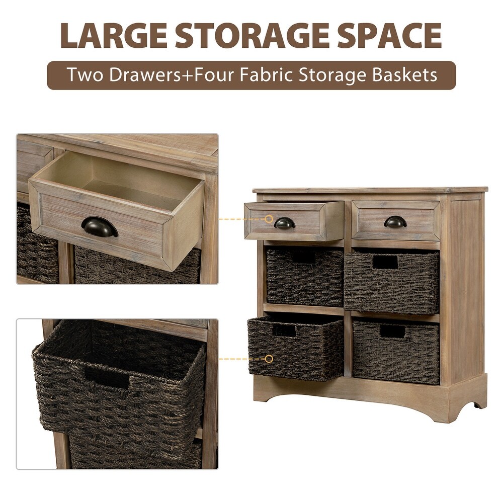 Rustic Storage Cabinet with 2 Drawers and 4 Classic Rattan Basket   28\