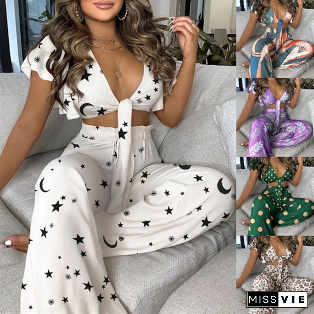 New Summer Women Fashion Casual 2 Piece Set Front Sleeveless Print Crop Top & High Waist Wide Leg Pants Suit Two Piece Set Outfit Plus Size Vestidos