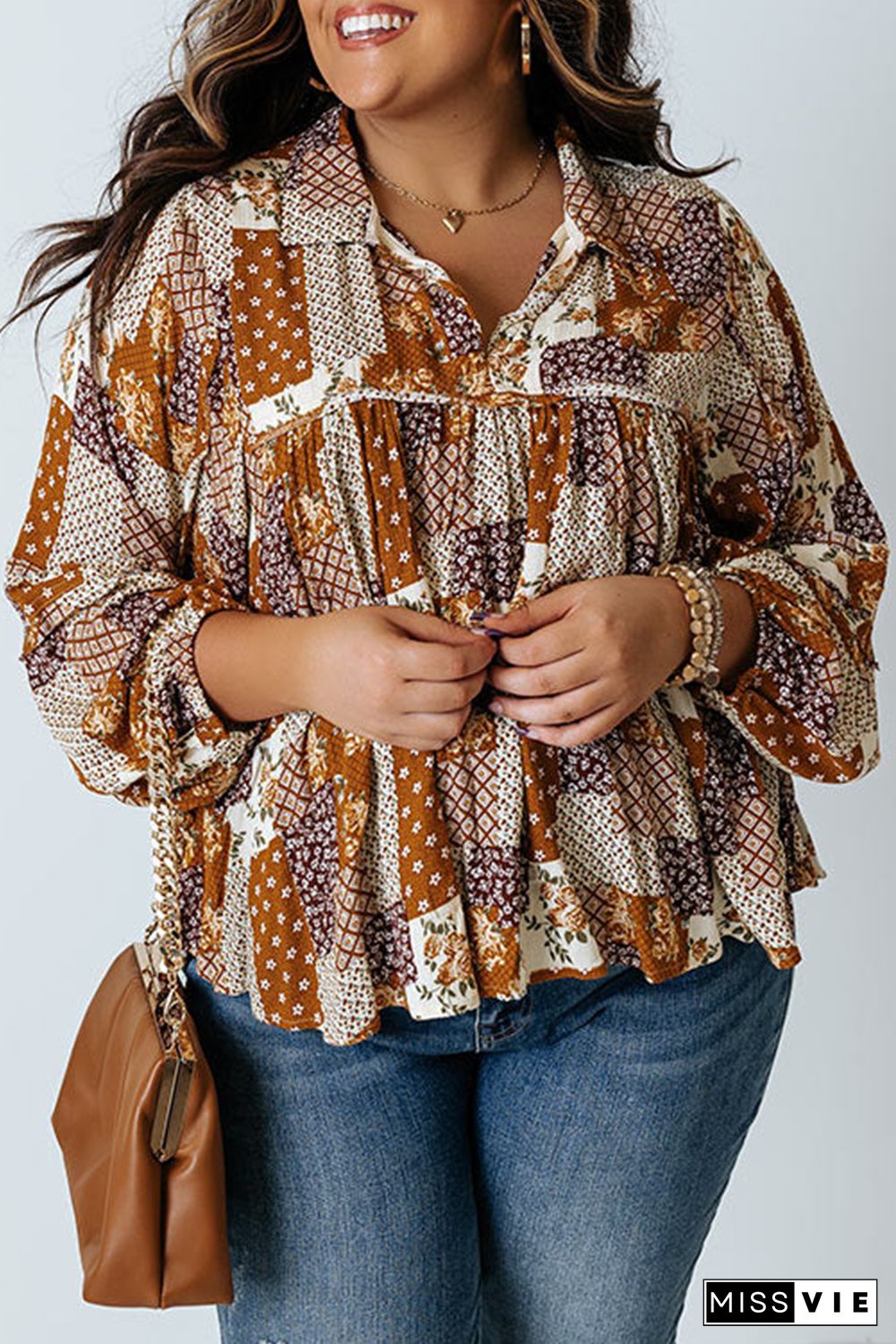 Apricot Turn-down Neck Mixed Print Plus Size Shirt