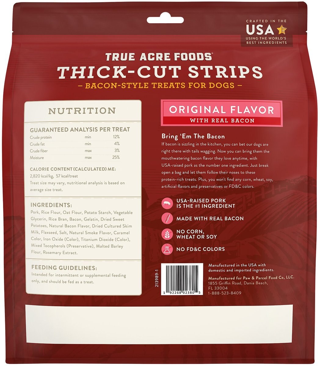 True Acre Foods Thick Cut Strips with Real Bacon Dog Treats， 25-oz bag