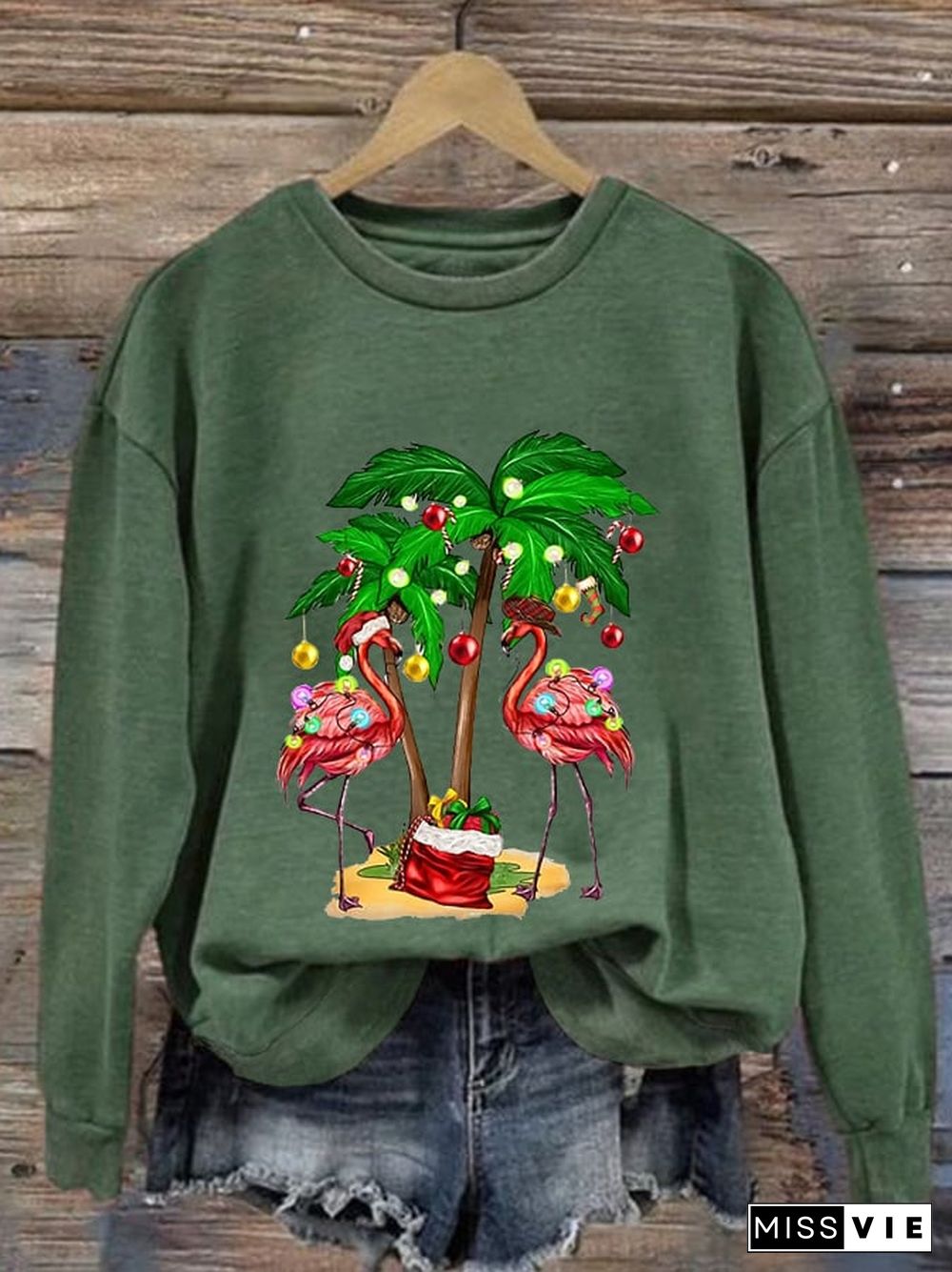 Women's Christmas Flamingo Print Casual Sweatshirt